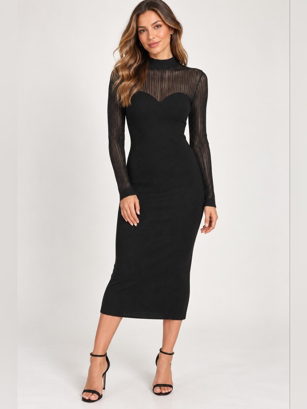 Almost Famous Black Sheer Yoke Long-Sleeve Midi Dress